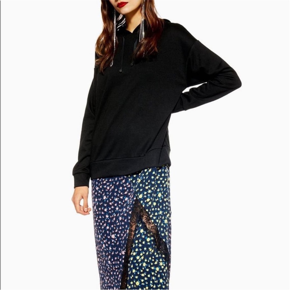 TOPSHOP Hoodie Sweatshirt Hybrid Floral Lace Asymmetrical Hem MIDI Dress Size 4 - Picture 3 of 14